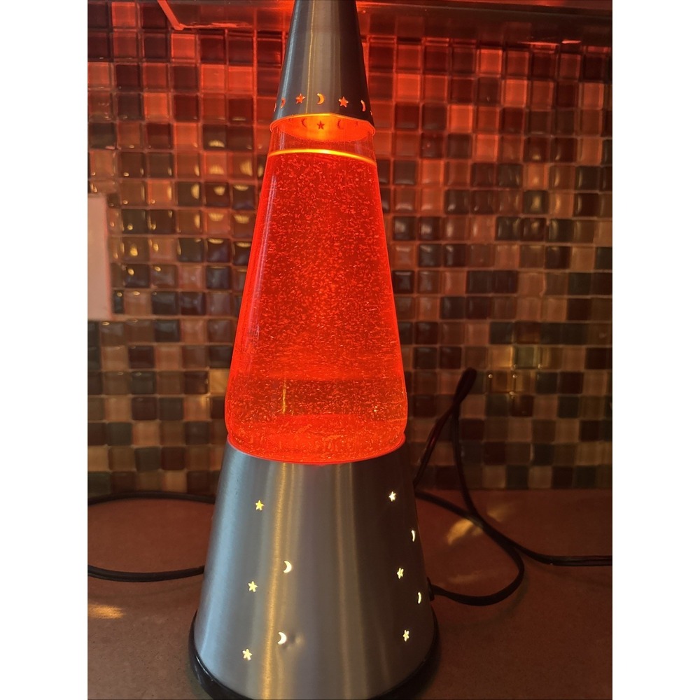 Vintage Moon and Stars‎ Glitter Lava Lamp Orange/Red  Silver Base